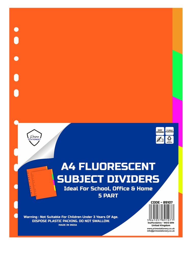 Prime A4 Fluorescent Subject Dividers 5 Part